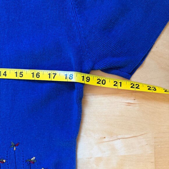 R&K Sweater 12P Button-up Cropped Short Sleeve Floral Embroidered Blue - Picture 6 of 7